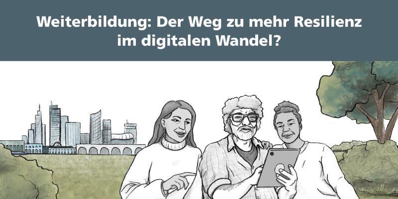 Zeichnung von drei Menschen in der Natur, im Hintergrund eine urbane Skyline. Die zwei Frauen und der ältere Herr in der Mitte schauen gemeinsam auf das Tablet, welches er in der Hand hält.