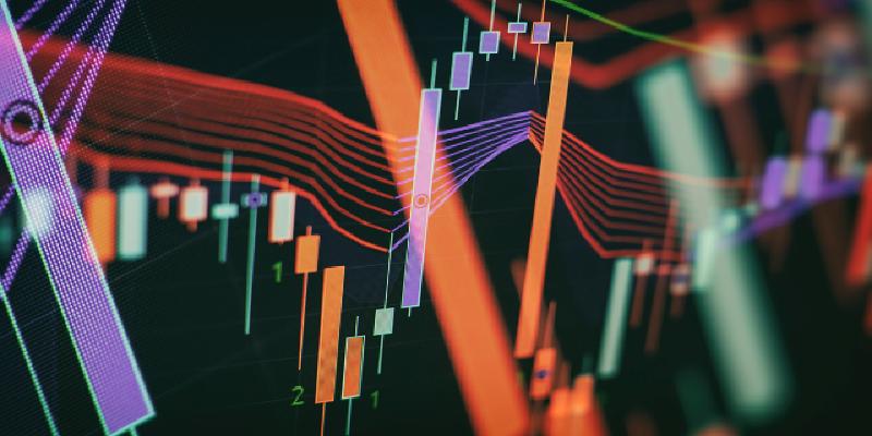 Abstrakter Daten-/Börsenchart mit Candlesticks und Kurven in Neonfarben auf dunklem Hintergrund
