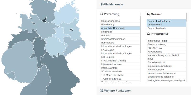 Screenshot des Tools, links ist eine Deutschlandkarte mit unterschiedlich eingefärbten Bundesländern abgebildet, auf der rechten Seite befinden sich diverse Bedienelemente und Menüs