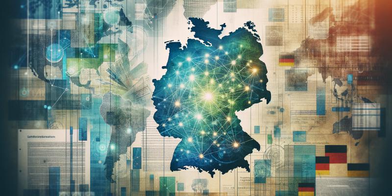 An abstract photo collage inspired by the theme of modernization and federal registry reform in Germany. The collage features interconnected digital networks symbolized by bright lines and nodes, overlaying a map-like structure of Germany. Background elements include overlapping layers of abstract, geometric shapes, representing the legal and organizational challenges. Colors like blue, green, and gray dominate to evoke a sense of technology and governance. Textures with documents, data streams, and faint binary code add depth.